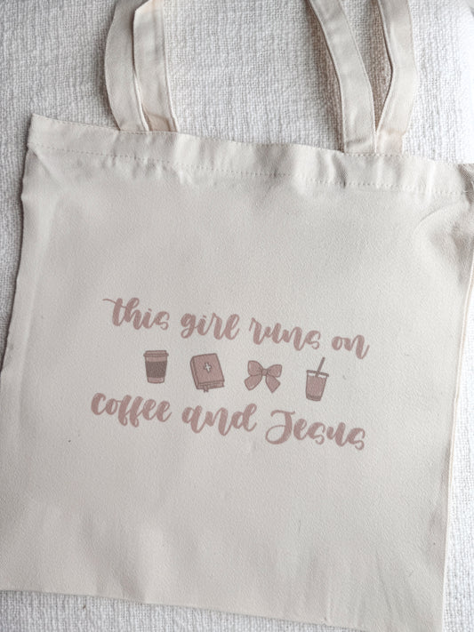 “This Girl Runs On Coffee and Jesus” Tote Bag